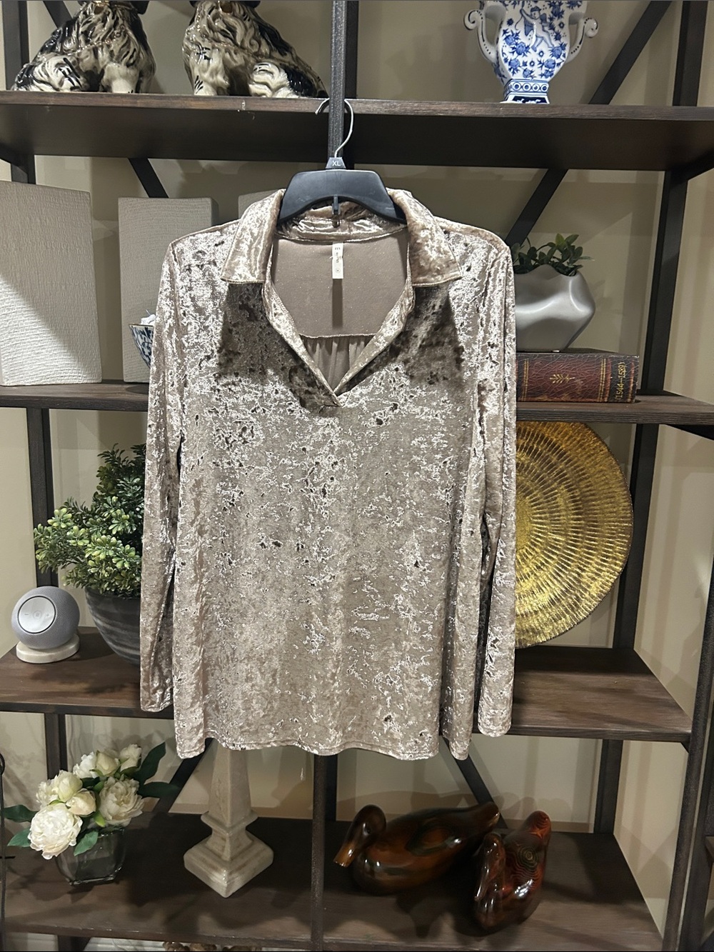 MTS medium Women's Velvet Long-Sleeve Collared Top - Taupe